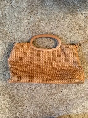 Fossil Tan Woven Clutch with Oval Handle